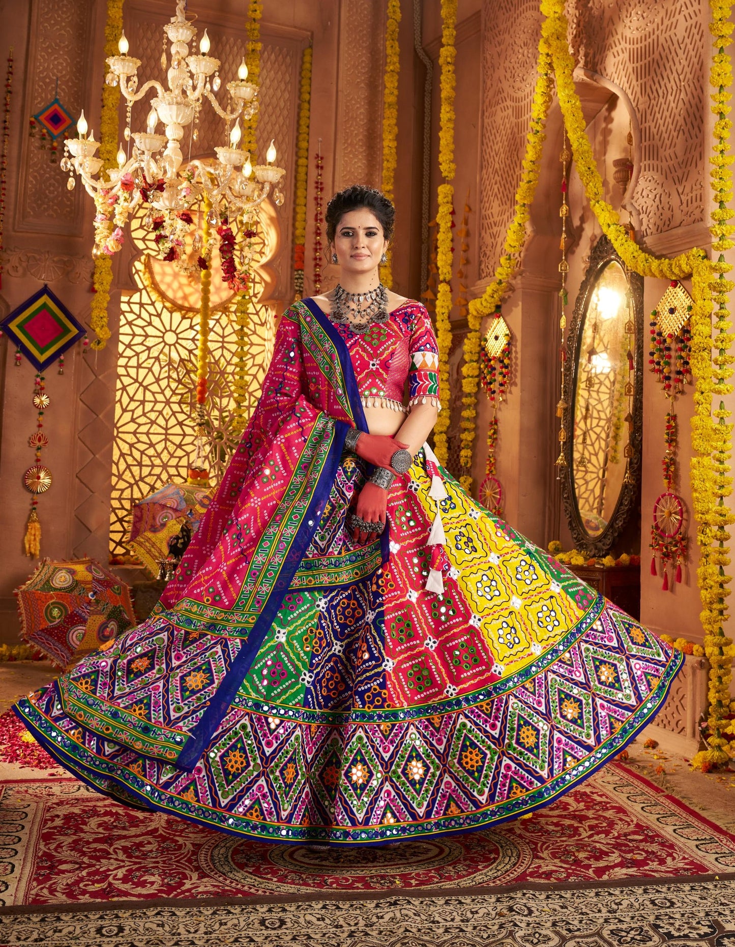 Multi Color Organic Cotton Aari & Foil Work Navratri  Chaniya Choli