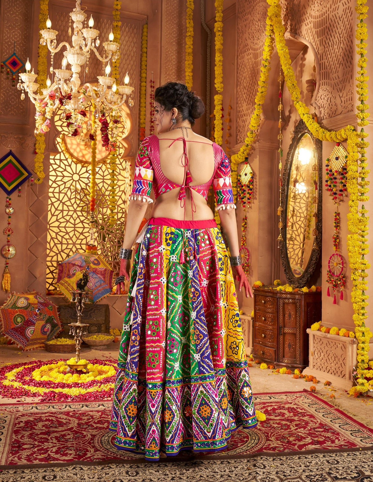 Multi Color Organic Cotton Aari & Foil Work Navratri  Chaniya Choli