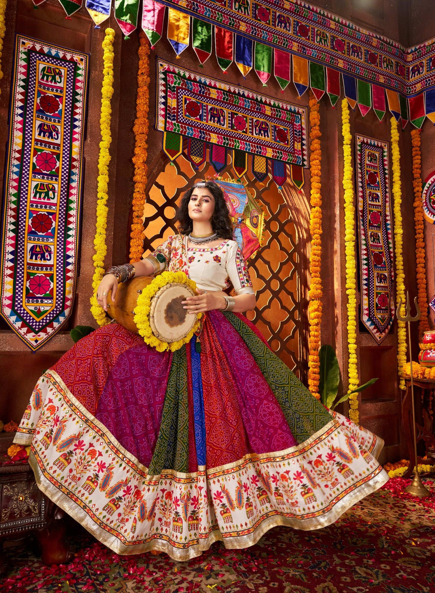 Multi Color Georgette & Viscose Cotton Mirror Work Navratri Chaniya Choli