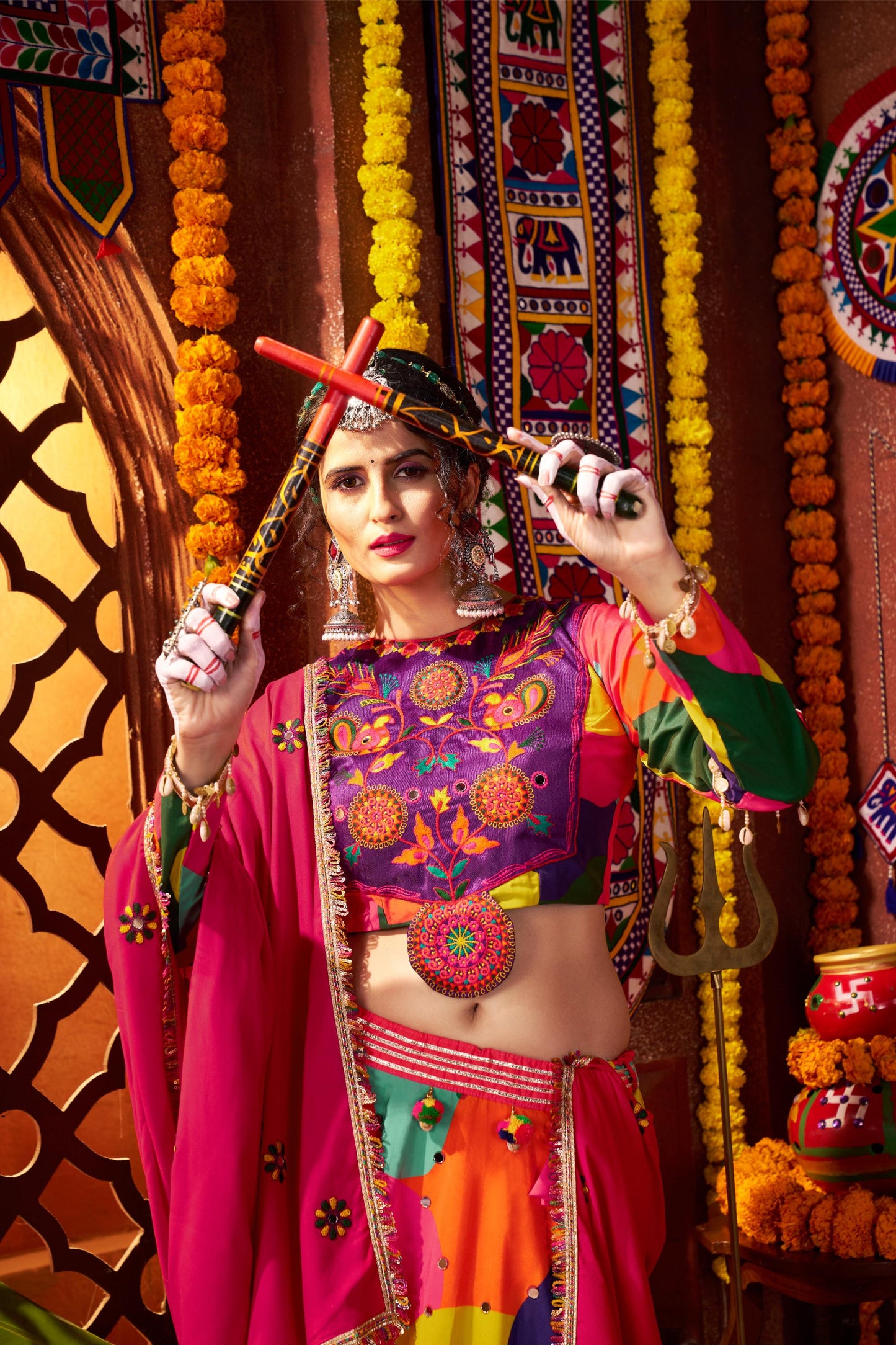 Multi Color Muslin & Viscose Cotton Mirror Work Navratri Chaniya Choli