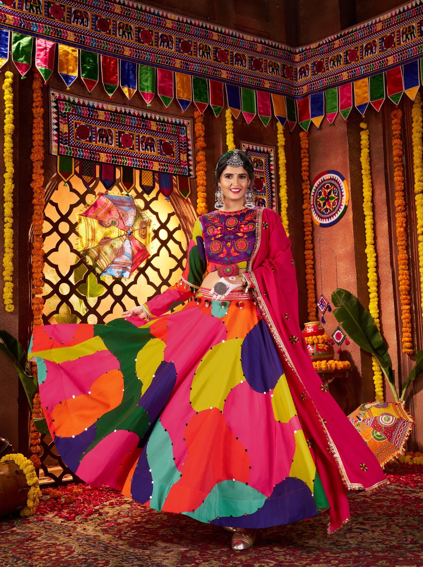 Multi Color Muslin & Viscose Cotton Mirror Work Navratri Chaniya Choli