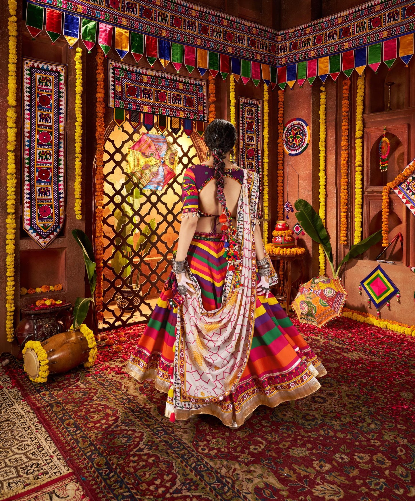 Multi Color Muslin & Viscose Cotton Thread Work Navratri Chaniya Choli