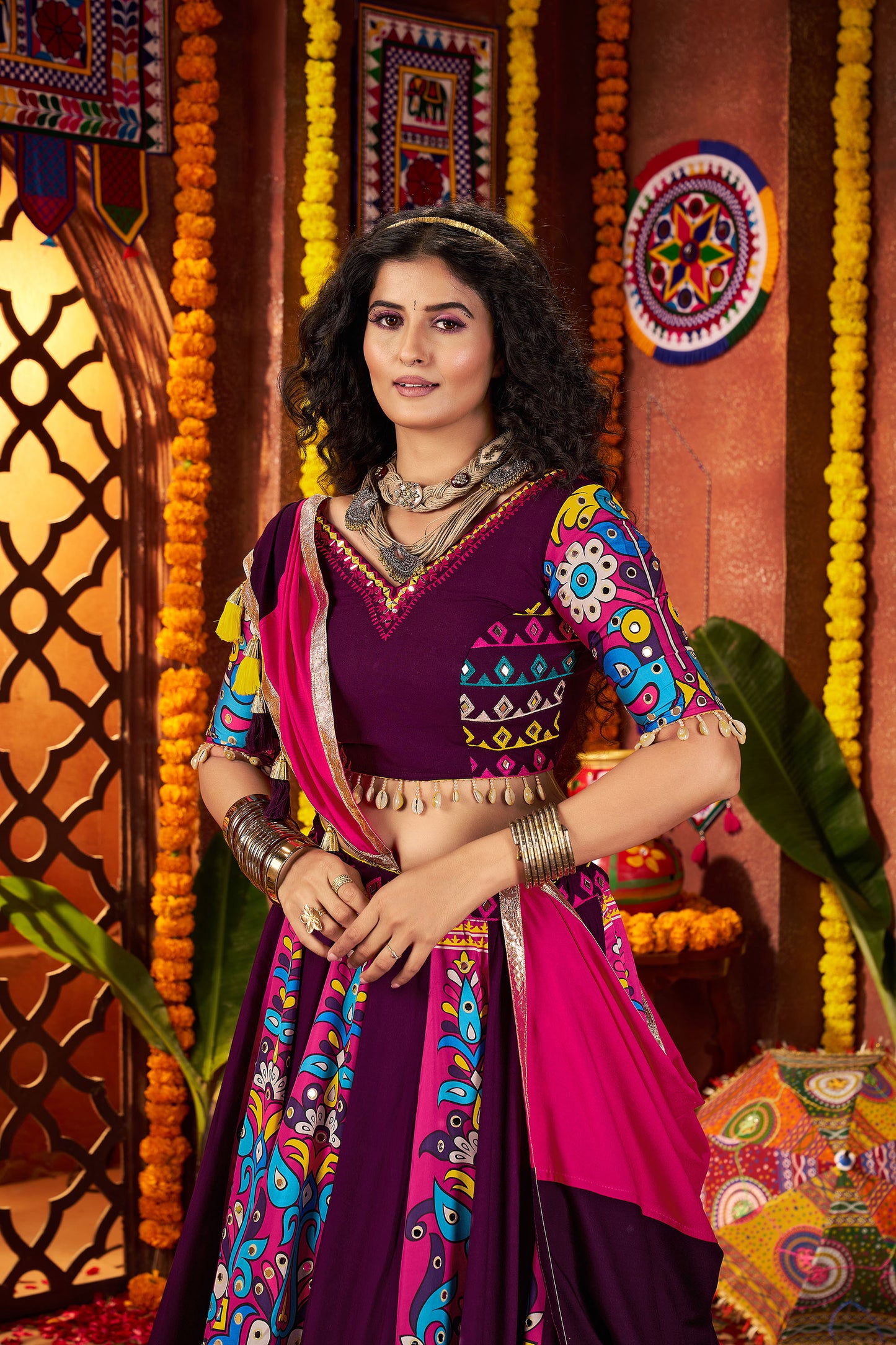 Purple Viscose Cotton Digital Print & Mirror Work Navratri Lehenga Choli