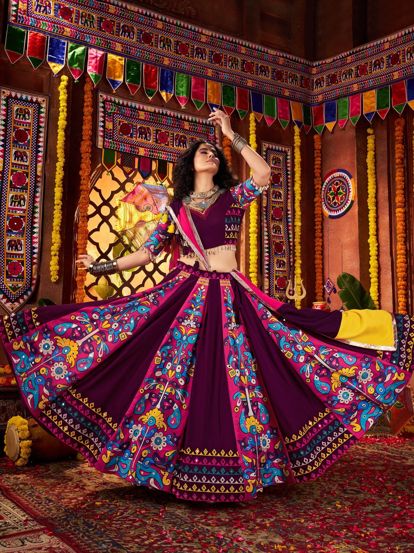 Purple Viscose Cotton Digital Print & Mirror Work Navratri Lehenga Choli