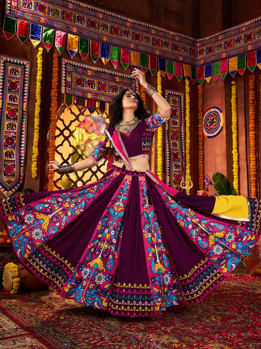 Purple Viscose Cotton Digital Print & Mirror Work Navratri Lehenga Choli