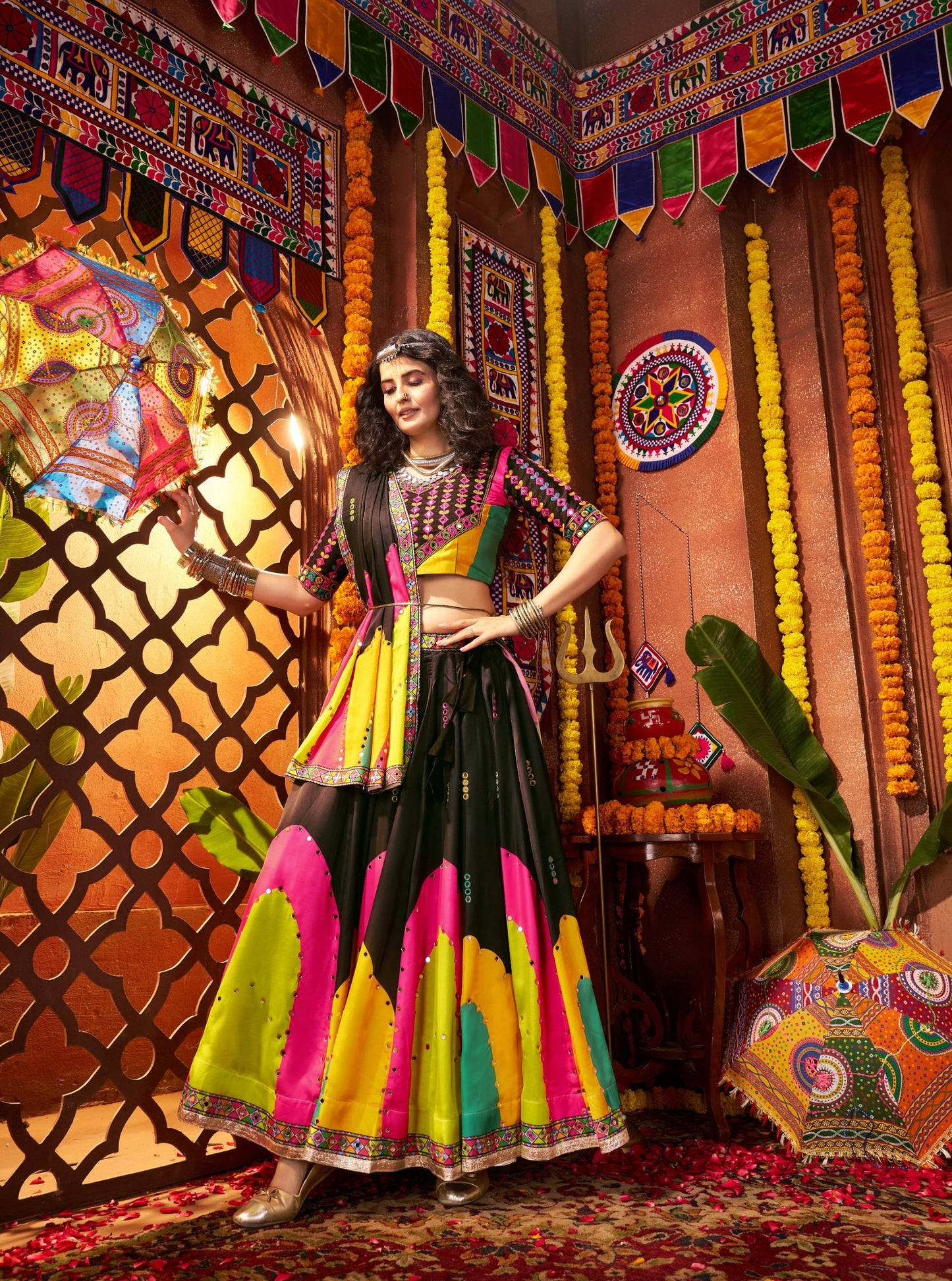 Black Gaji Silk Digital Print & Mirror Work Navratri Lehenga Choli