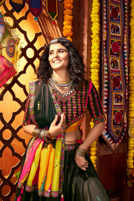 Black Gaji Silk Digital Print & Mirror Work Navratri Lehenga Choli