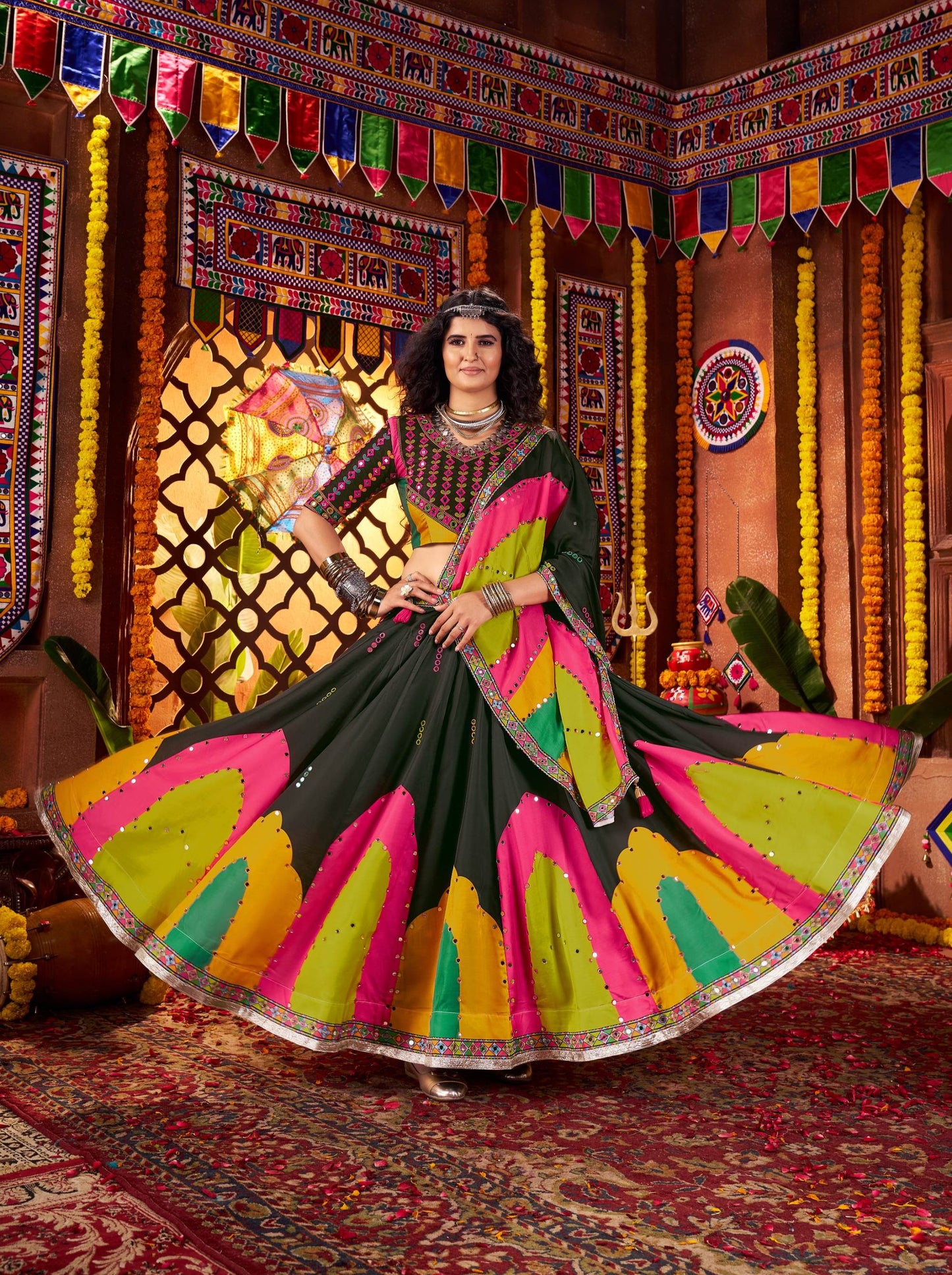 Black Gaji Silk Digital Print & Mirror Work Navratri Lehenga Choli