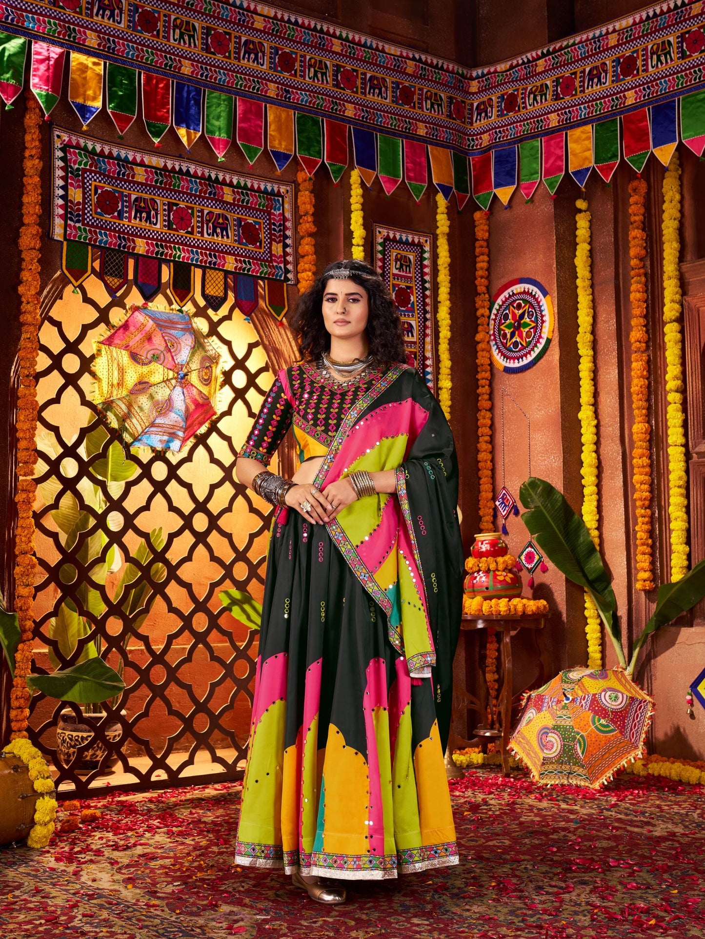 Black Gaji Silk Digital Print & Mirror Work Navratri Lehenga Choli