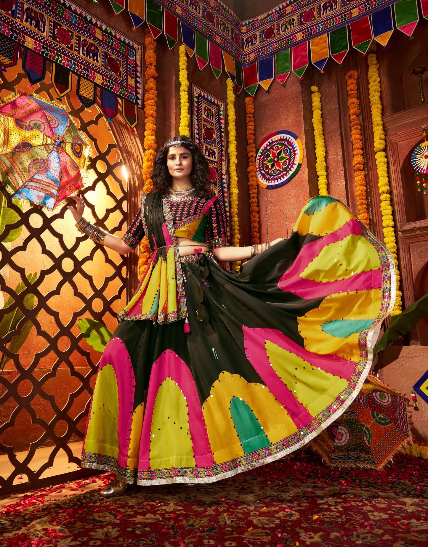 Black Gaji Silk Digital Print & Mirror Work Navratri Lehenga Choli