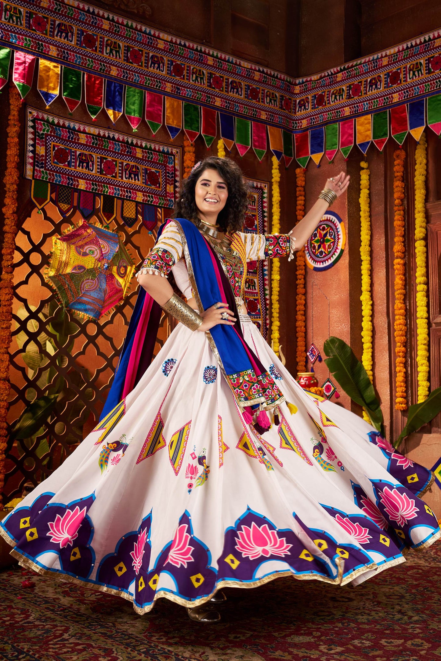 White Gaji Silk Digital Print & Mirror Work Navratri Lehenga Choli