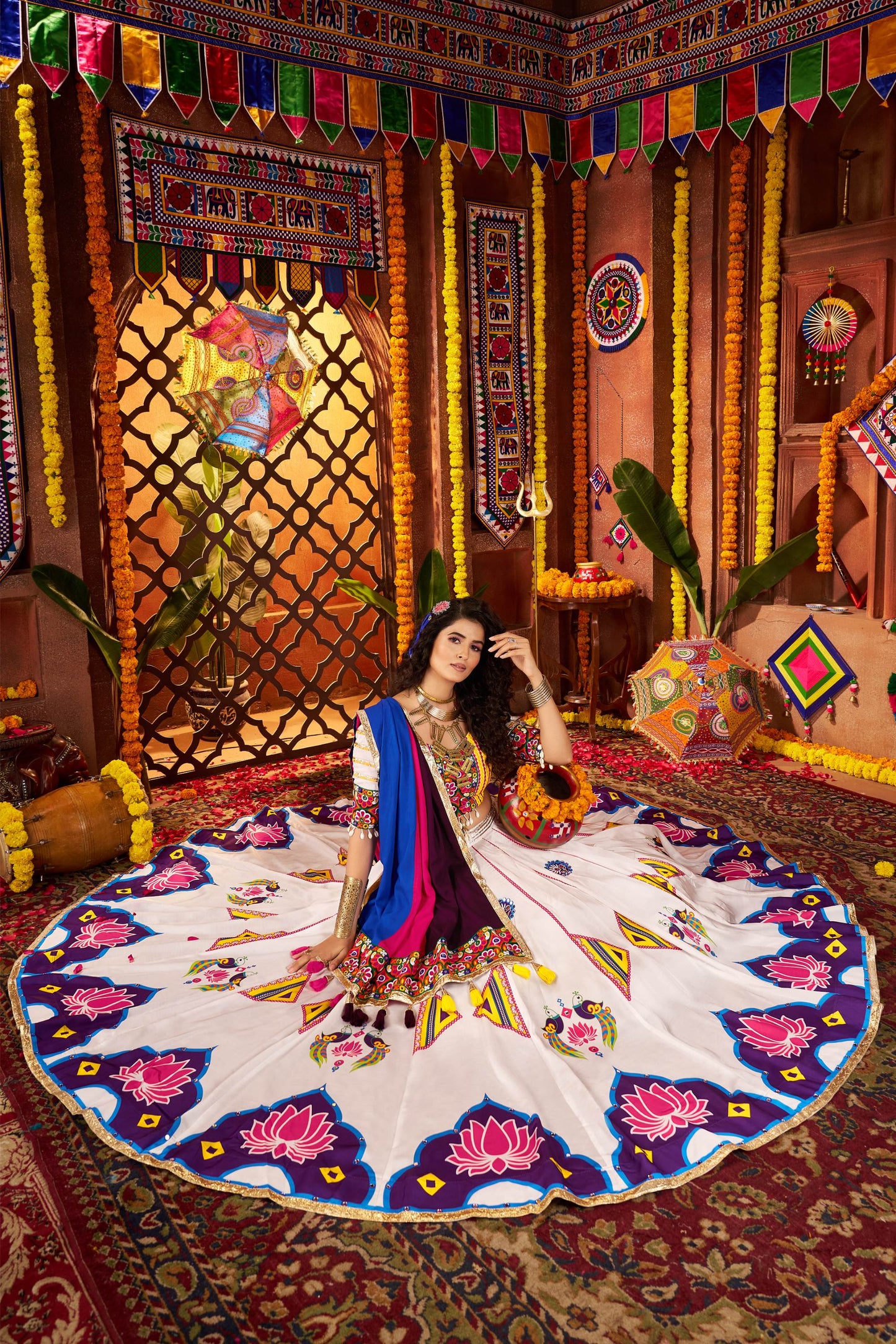 White Gaji Silk Digital Print & Mirror Work Navratri Lehenga Choli