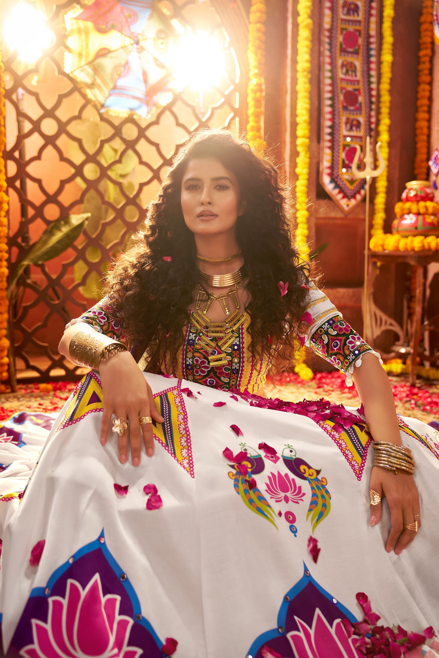 White Gaji Silk Digital Print & Mirror Work Navratri Lehenga Choli