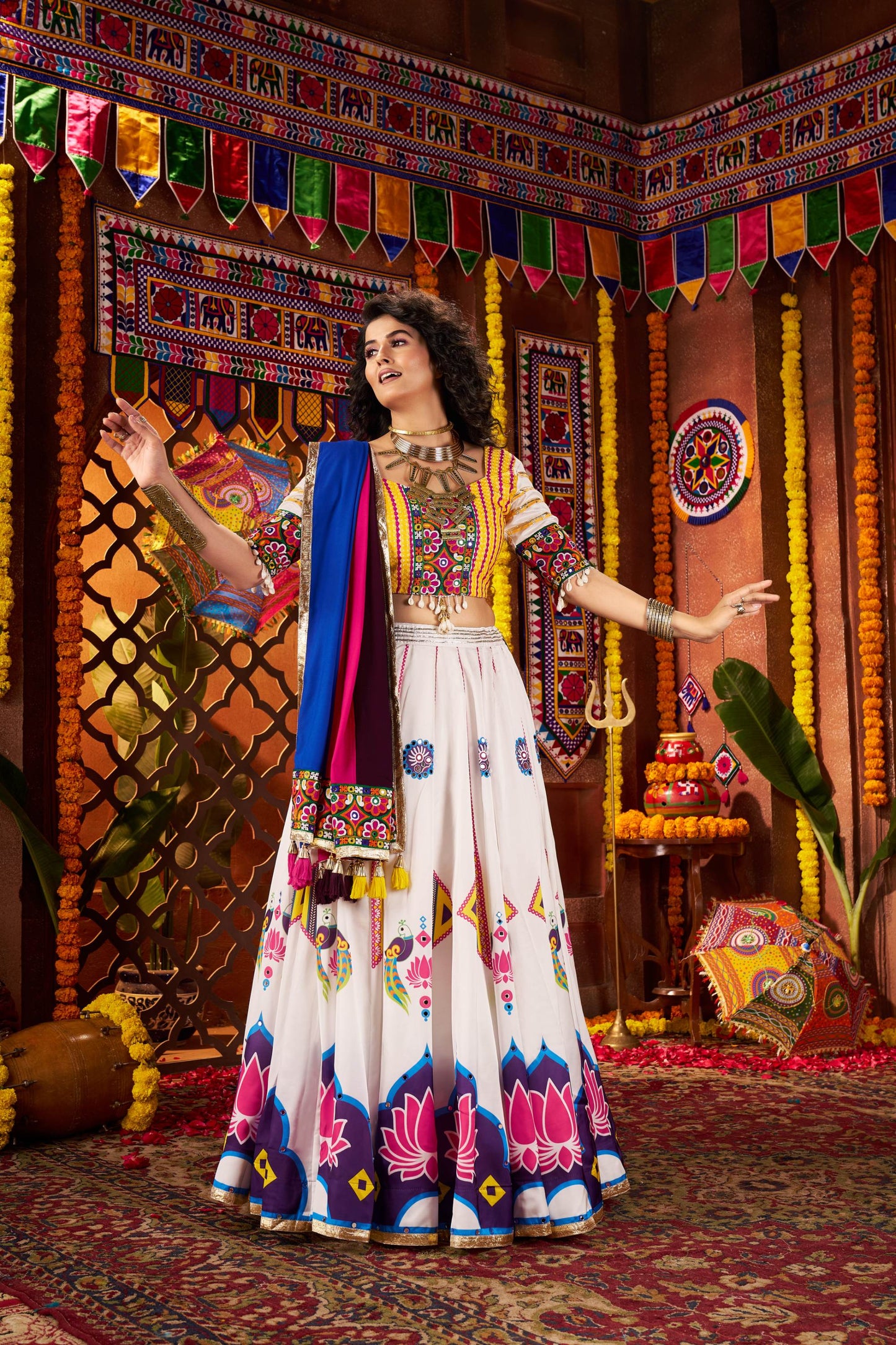 White Gaji Silk Digital Print & Mirror Work Navratri Lehenga Choli