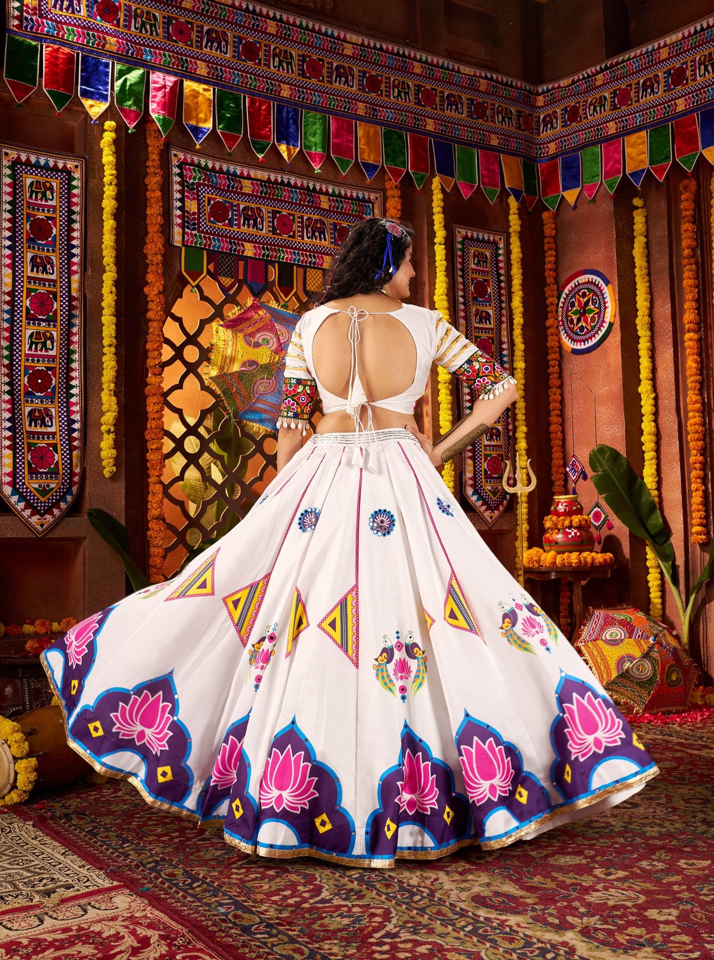 White Gaji Silk Digital Print & Mirror Work Navratri Lehenga Choli