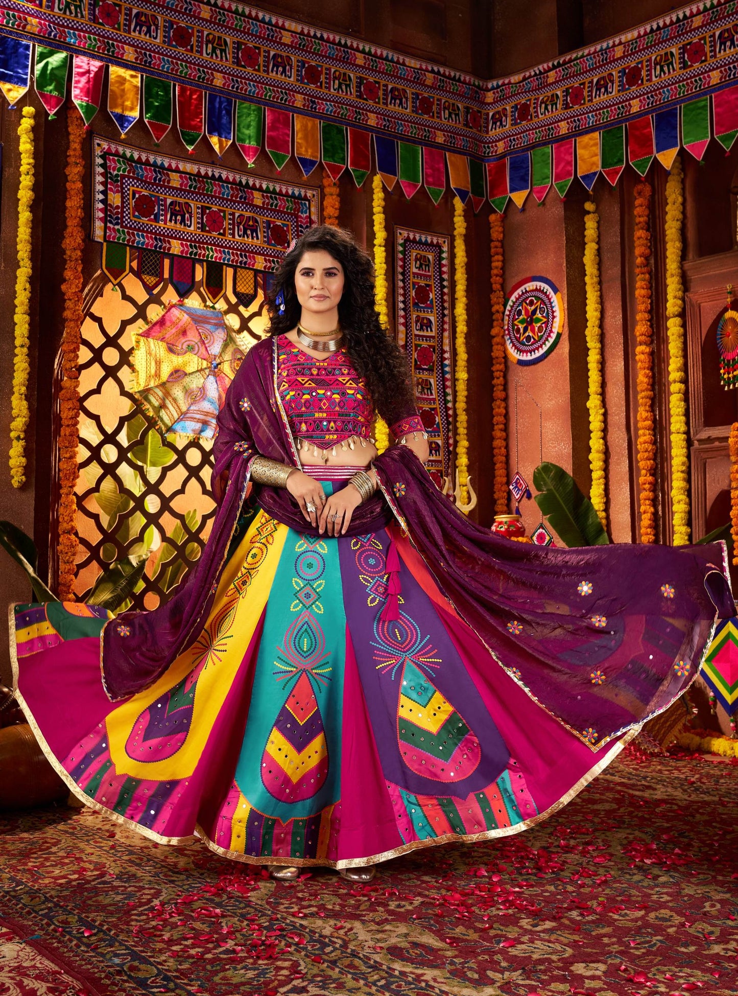 Multi Color Gaji Silk Digital Print & Mirror Work Navratri Lehenga Choli