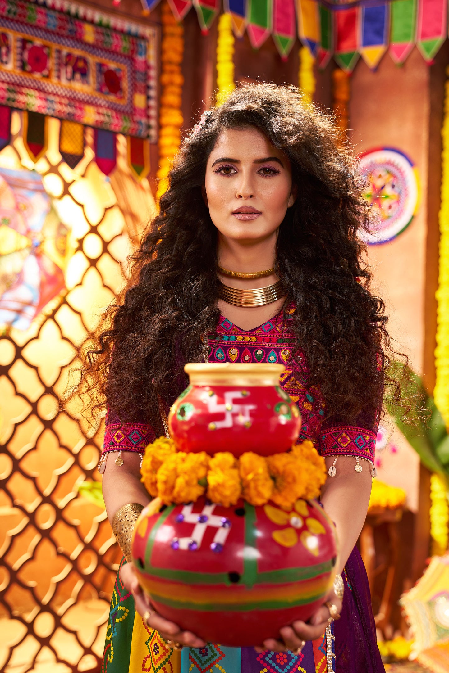 Multi Color Gaji Silk Digital Print & Mirror Work Navratri Lehenga Choli