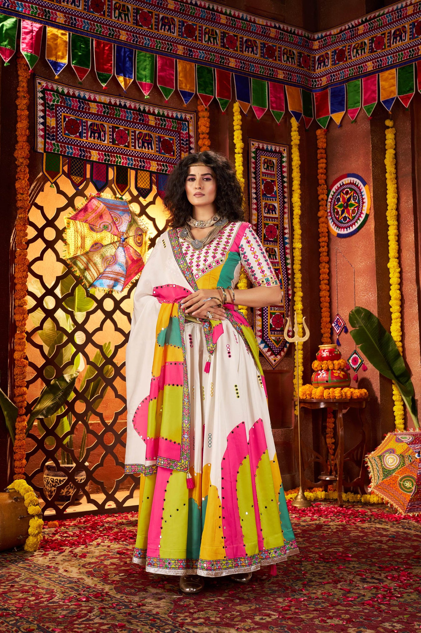 White Gaji Silk Mirror Work & Digital Print Navratri Lehenga Choli