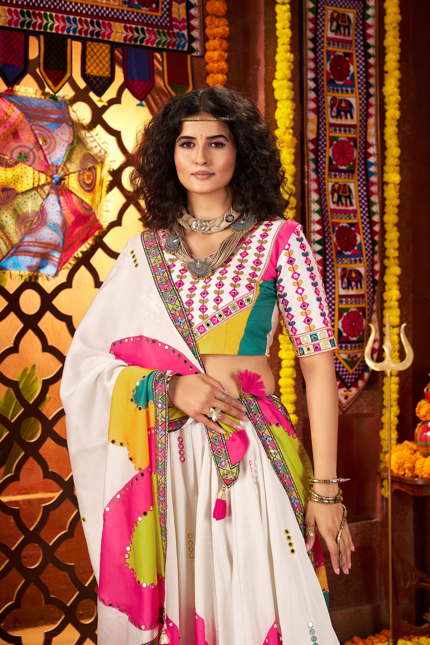 White Gaji Silk Mirror Work & Digital Print Navratri Lehenga Choli