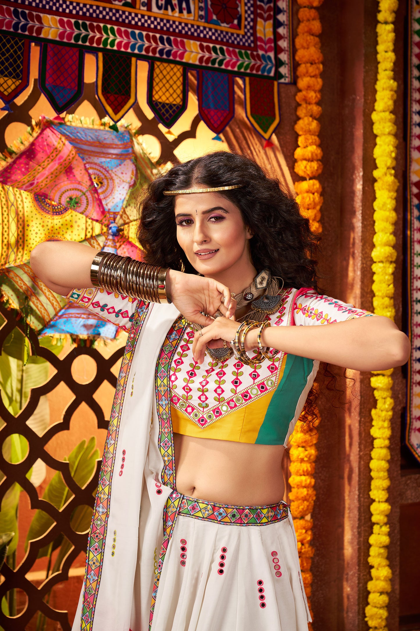 White Gaji Silk Mirror Work & Digital Print Navratri Lehenga Choli