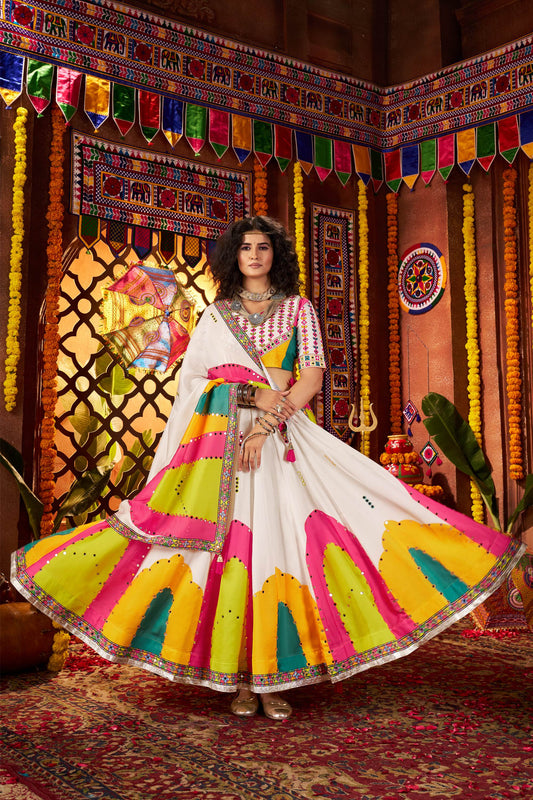 White Gaji Silk Mirror Work & Digital Print Navratri Lehenga Choli