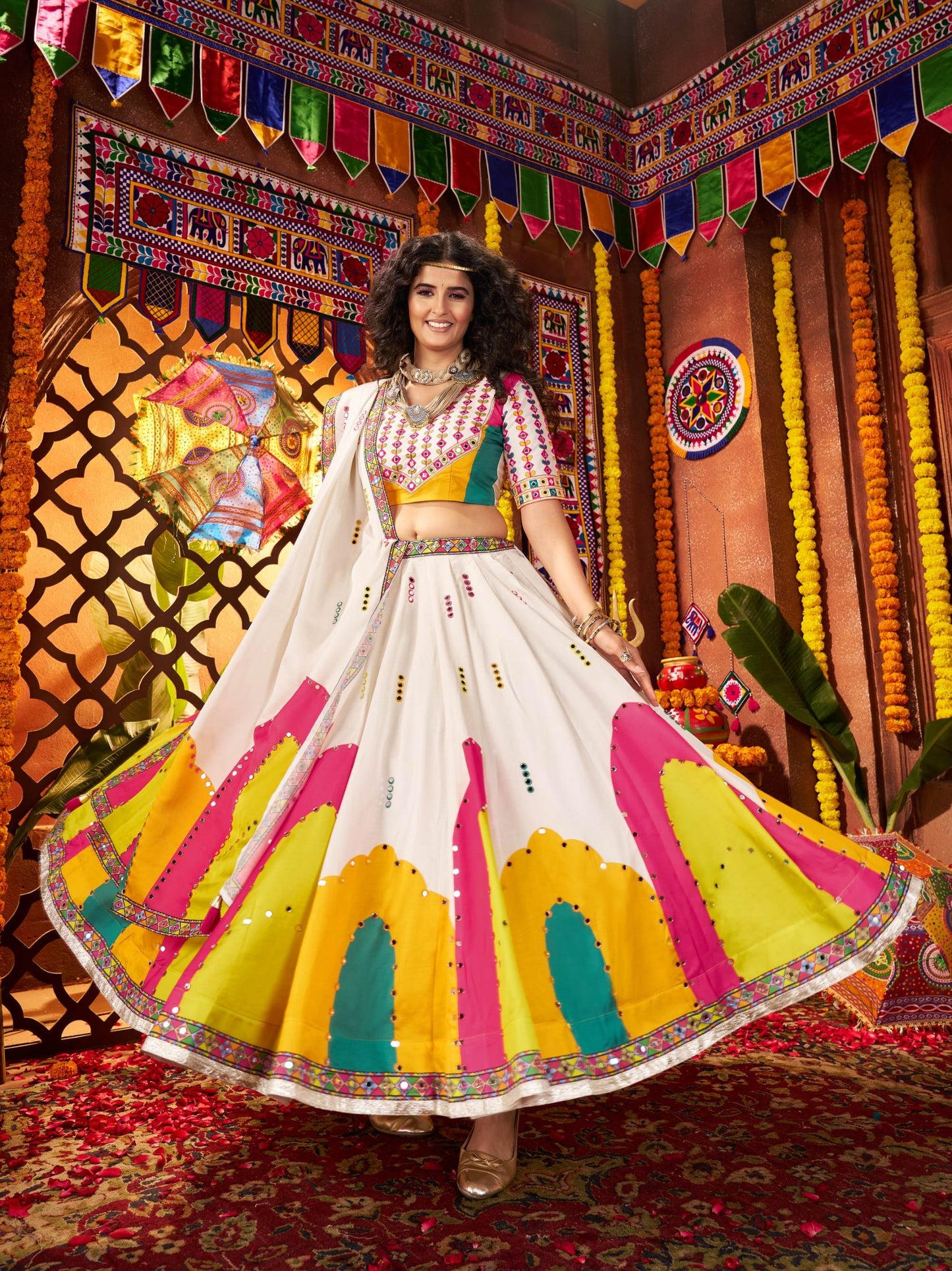 White Gaji Silk Mirror Work & Digital Print Navratri Lehenga Choli