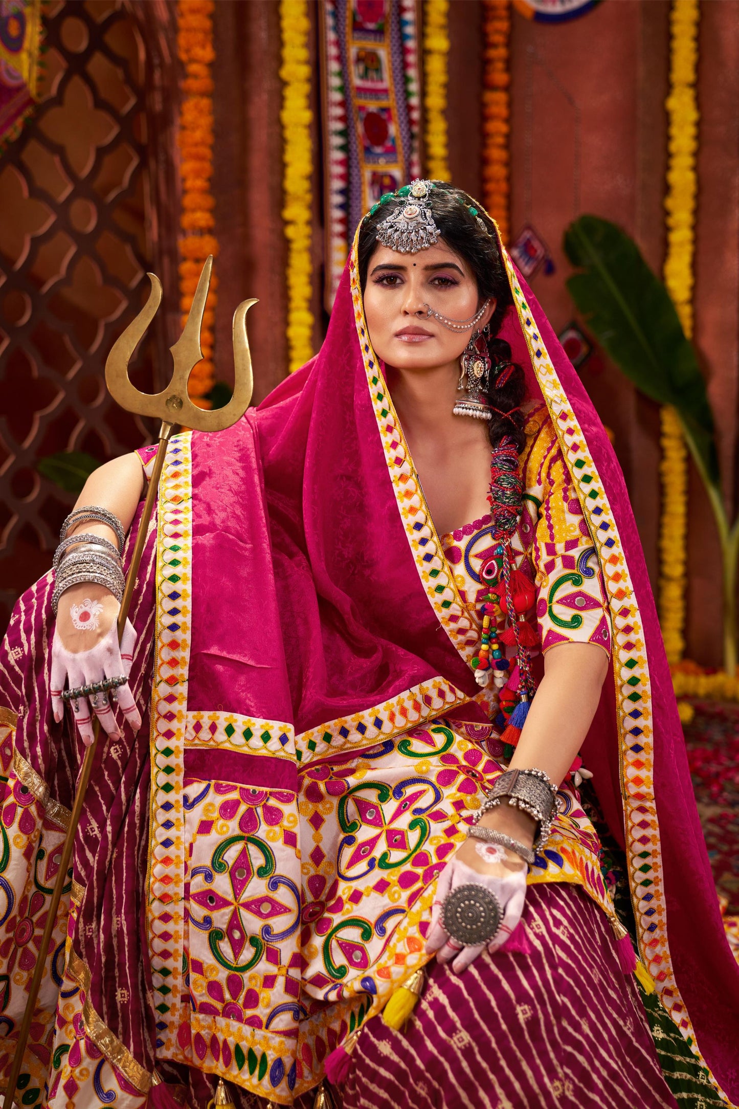 Multi Color Viscose Cotton Jacquard Weaving & Mirror Work Navratri Chaniya Choli