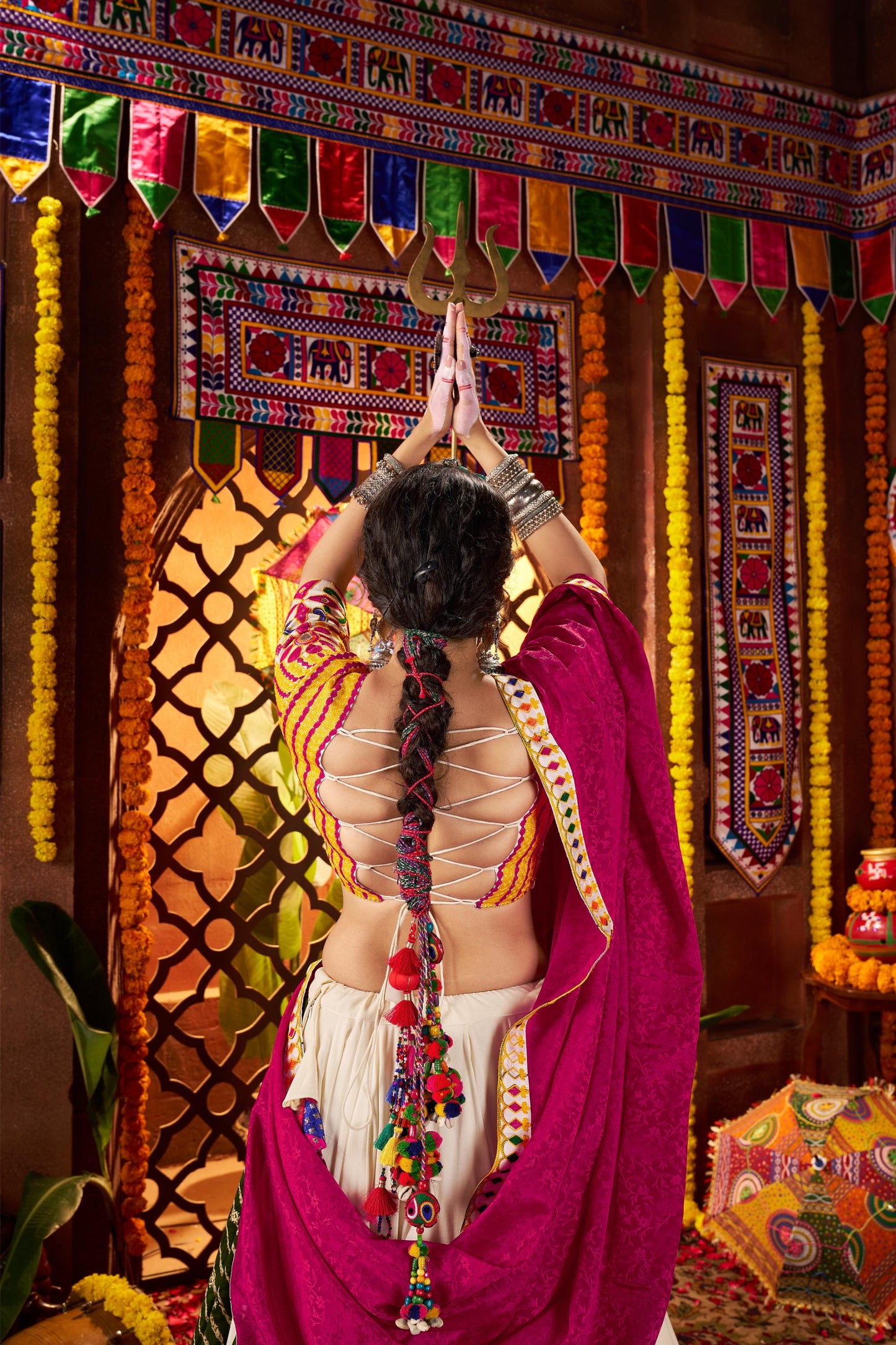 Multi Color Viscose Cotton Jacquard Weaving & Mirror Work Navratri Chaniya Choli