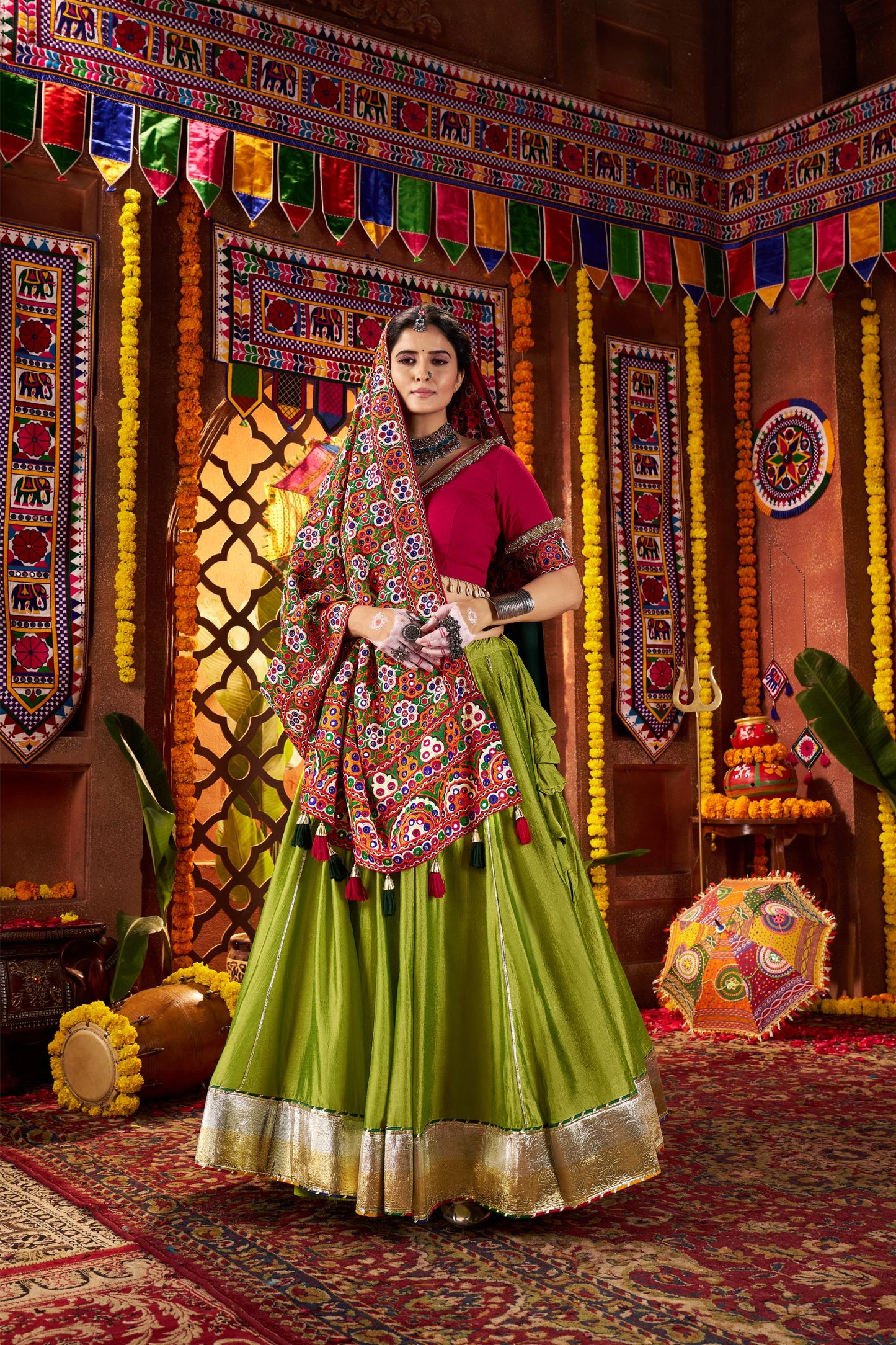Fluorescent Green Viscose Cotton Thread Work Navratri Chaniya Choli
