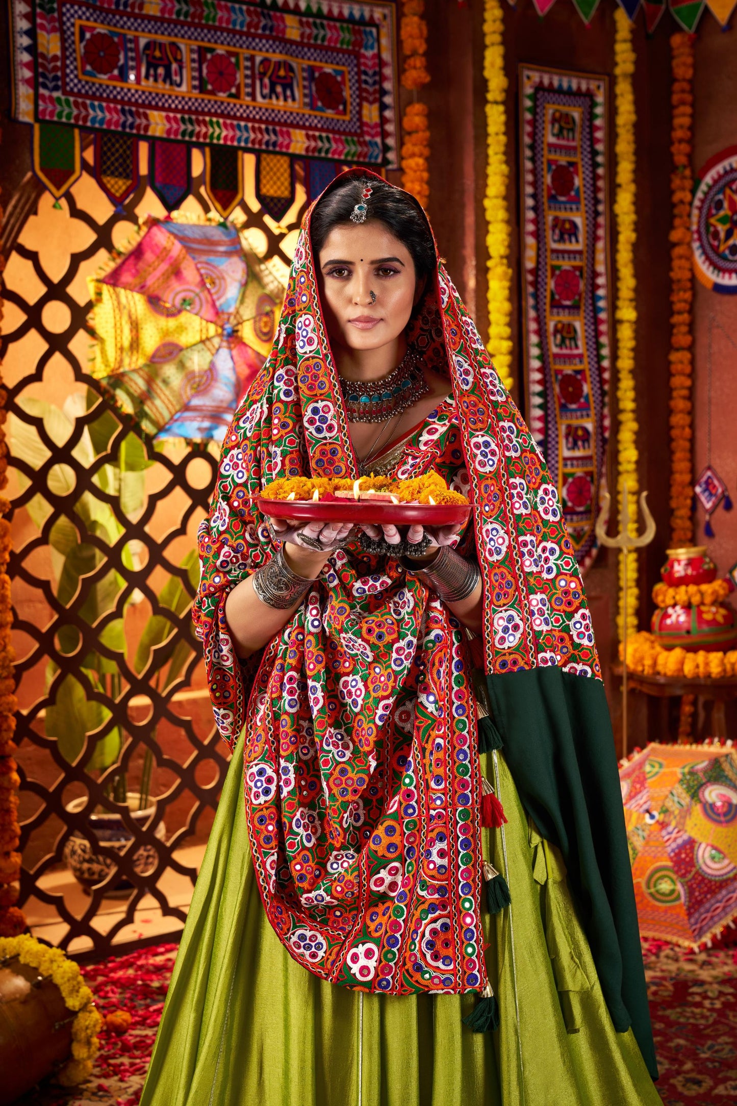 Fluorescent Green Viscose Cotton Thread Work Navratri Chaniya Choli