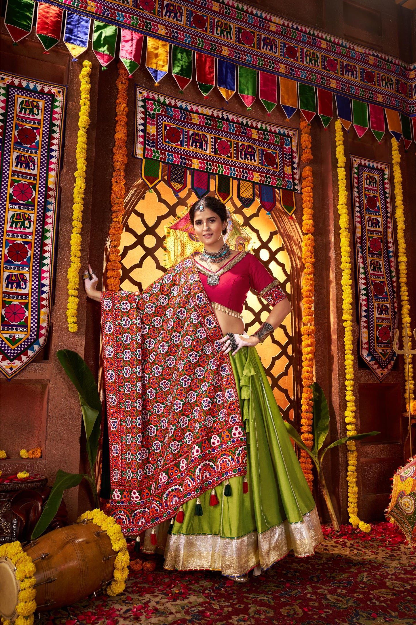 Fluorescent Green Viscose Cotton Thread Work Navratri Chaniya Choli