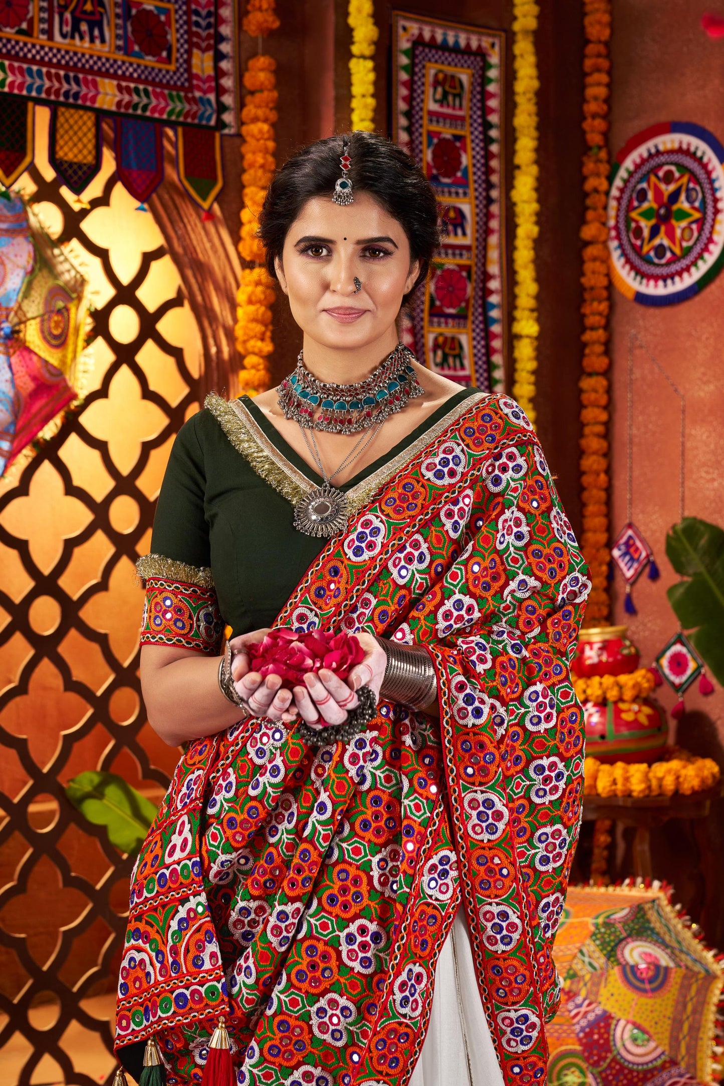 White Viscose Cotton Mirror Work Navratri Chaniya Choli