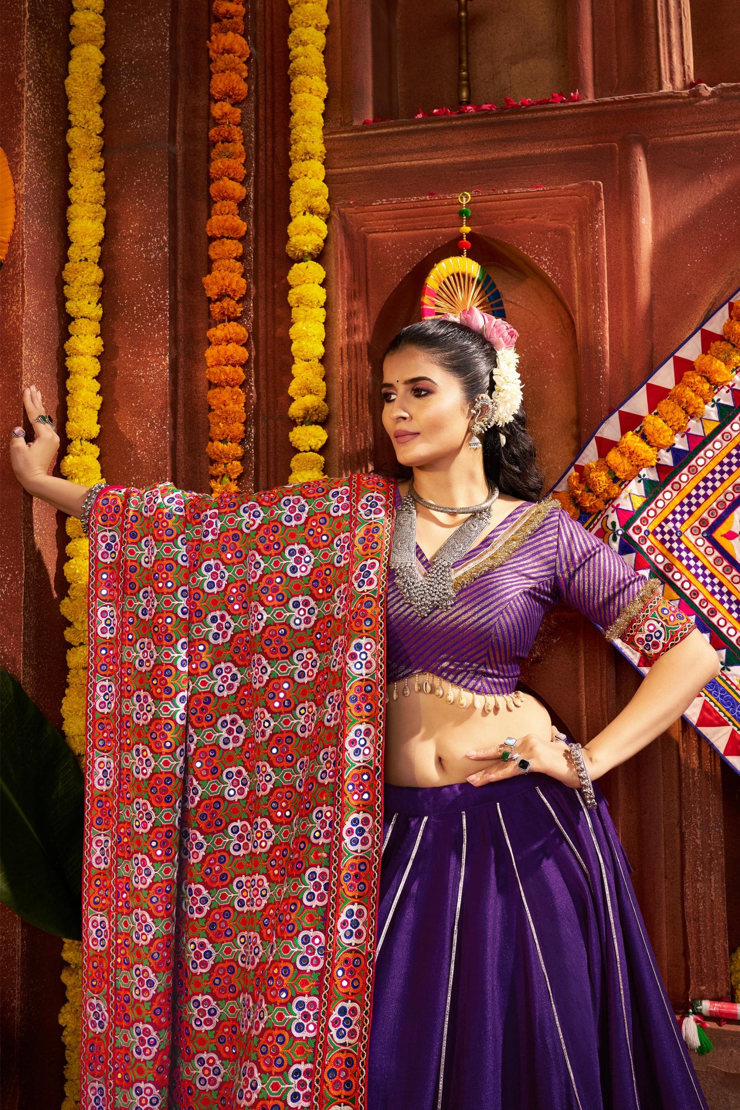 Purple Viscose Cotton & Silk Mirror Work Navratri Chaniya Choli