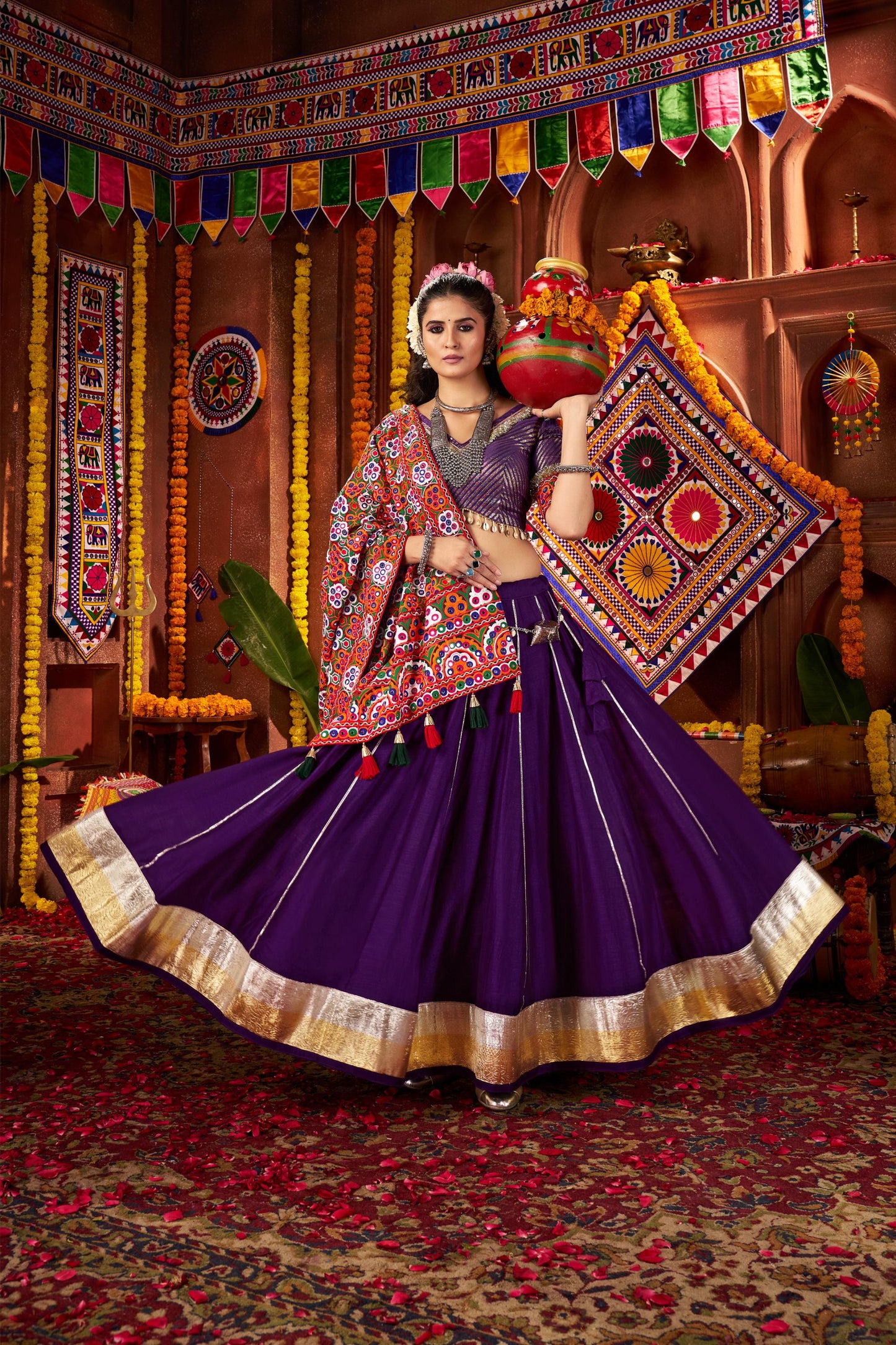 Purple Viscose Cotton & Silk Mirror Work Navratri Chaniya Choli