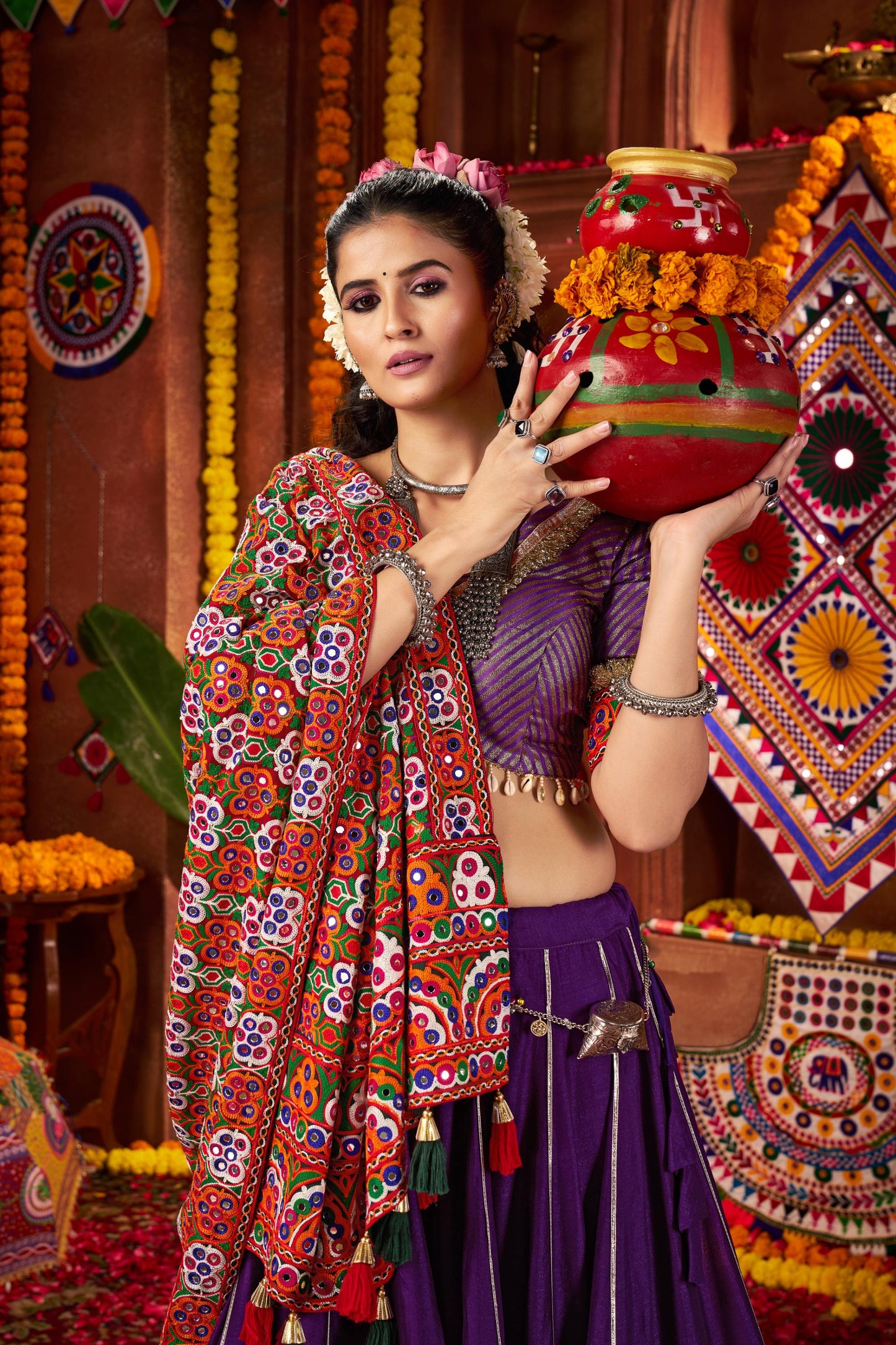 Purple Viscose Cotton & Silk Mirror Work Navratri Chaniya Choli