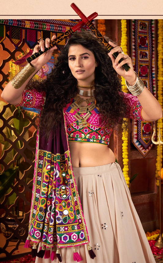 Beige Viscose Cotton Print Jacquard Kutchi & Mirror Work Navratri Lehenga