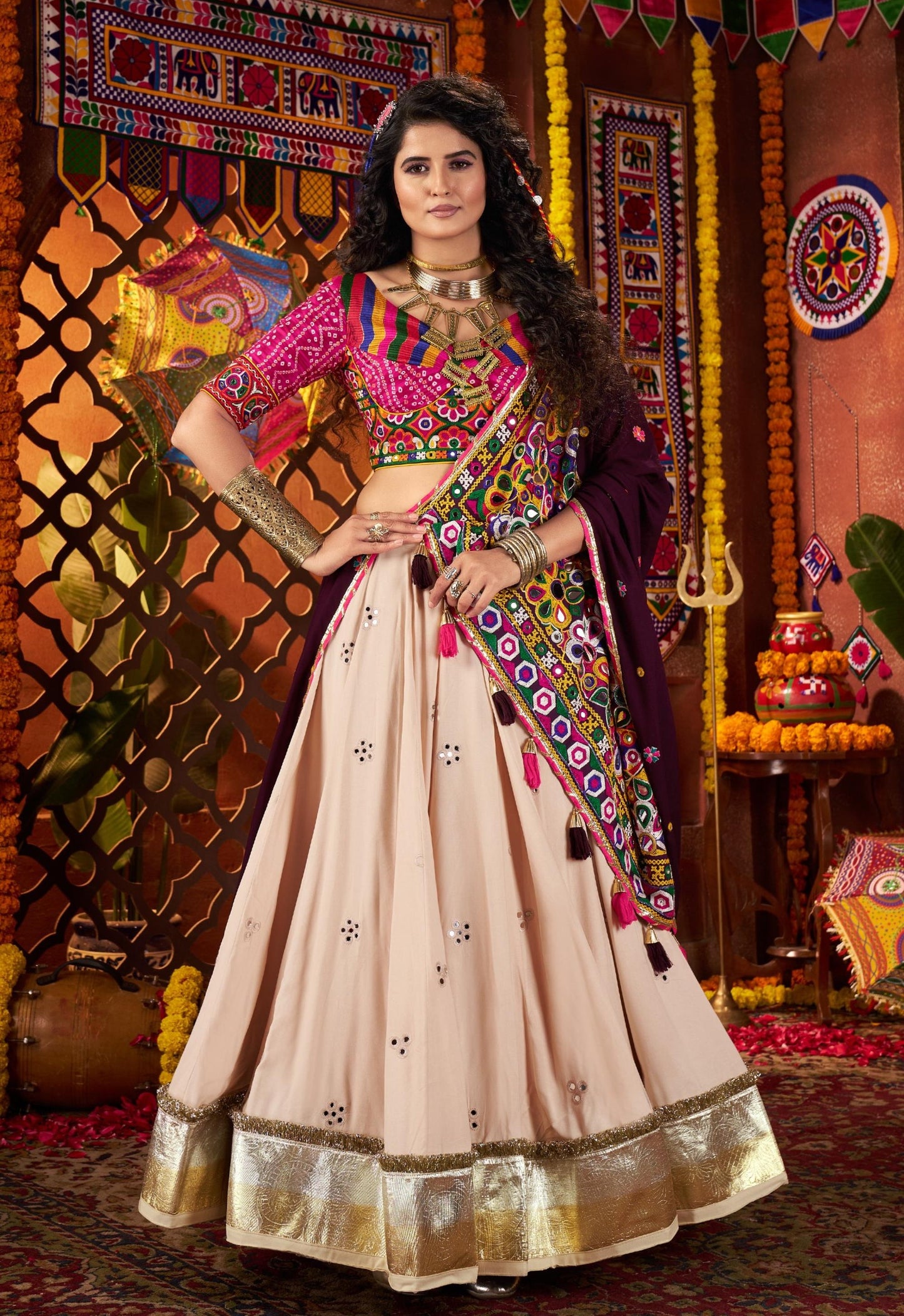 Beige Viscose Cotton Print Jacquard Kutchi & Mirror Work Navratri Lehenga
