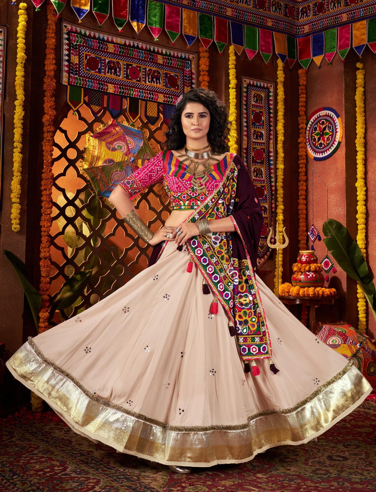 Beige Viscose Cotton Print Jacquard Kutchi & Mirror Work Navratri Lehenga