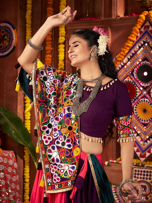 Multi Color Viscose Cotton Print Jacquard Kutchi & Mirror Work Navratri Lehenga