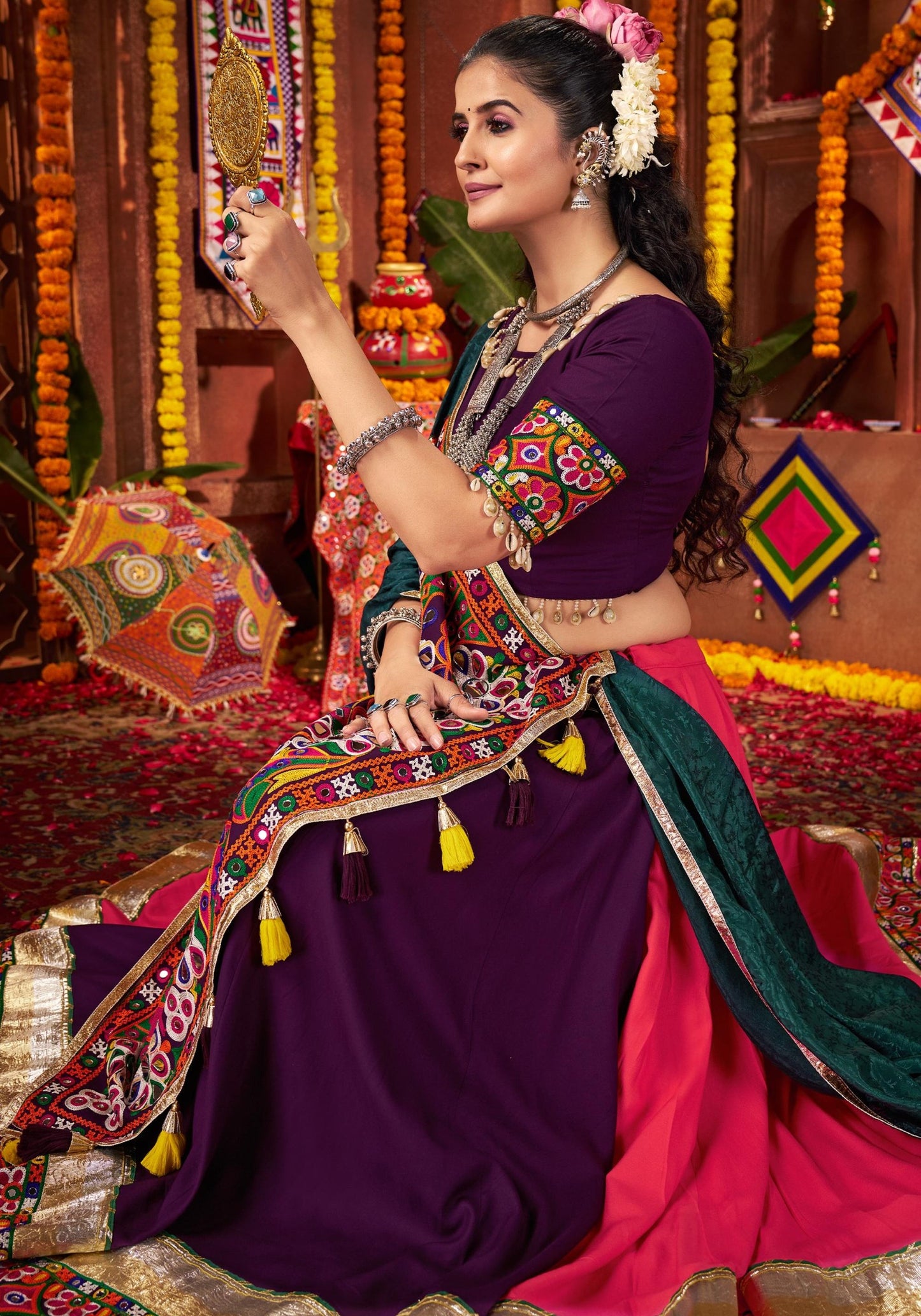 Multi Color Viscose Cotton Print Jacquard Kutchi & Mirror Work Navratri Lehenga