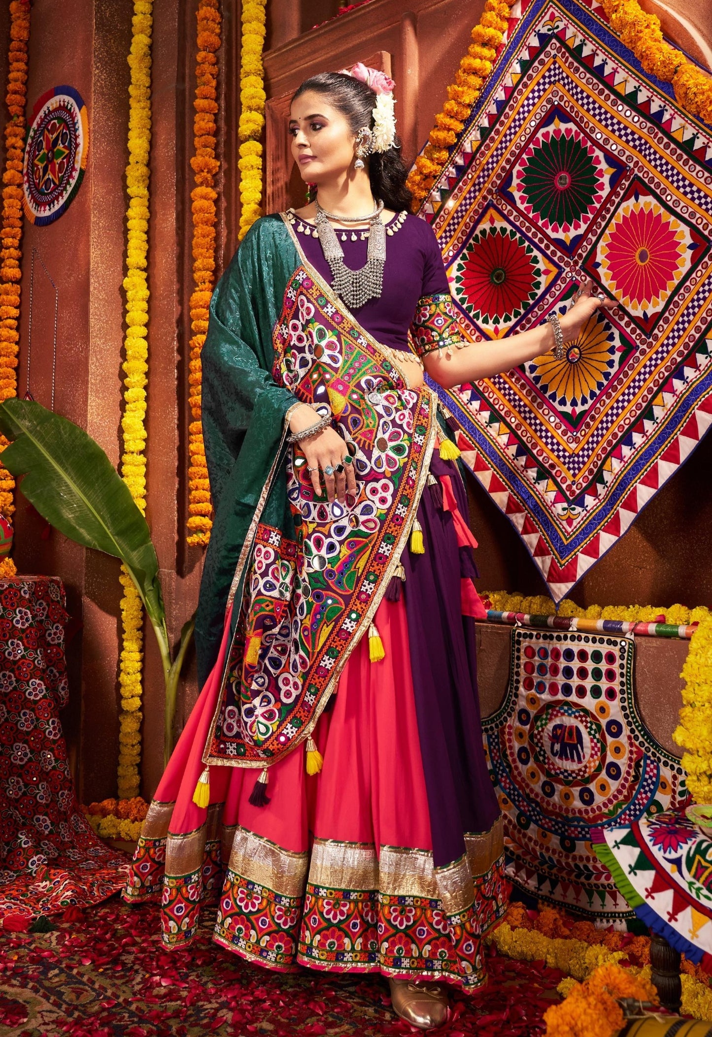 Multi Color Viscose Cotton Print Jacquard Kutchi & Mirror Work Navratri Lehenga