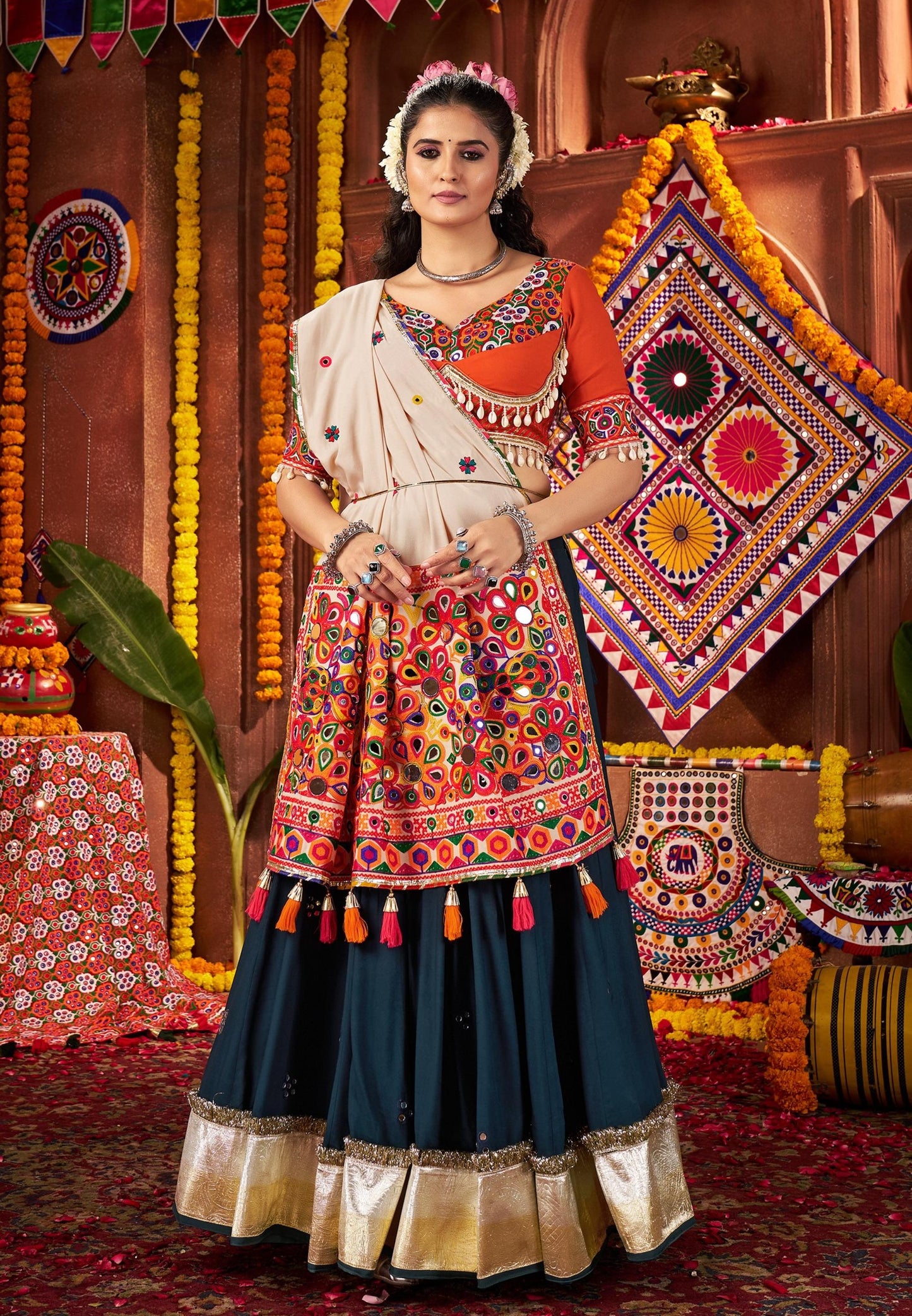 Teal Blue Viscose Cotton Print Jacquard Kutchi & Mirror Work Navratri Lehenga