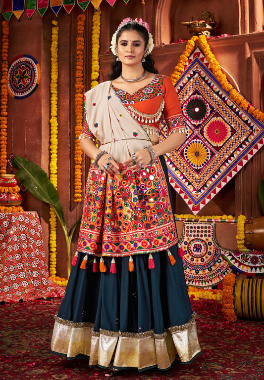 Teal Blue Viscose Cotton Print Jacquard Kutchi & Mirror Work Navratri Lehenga