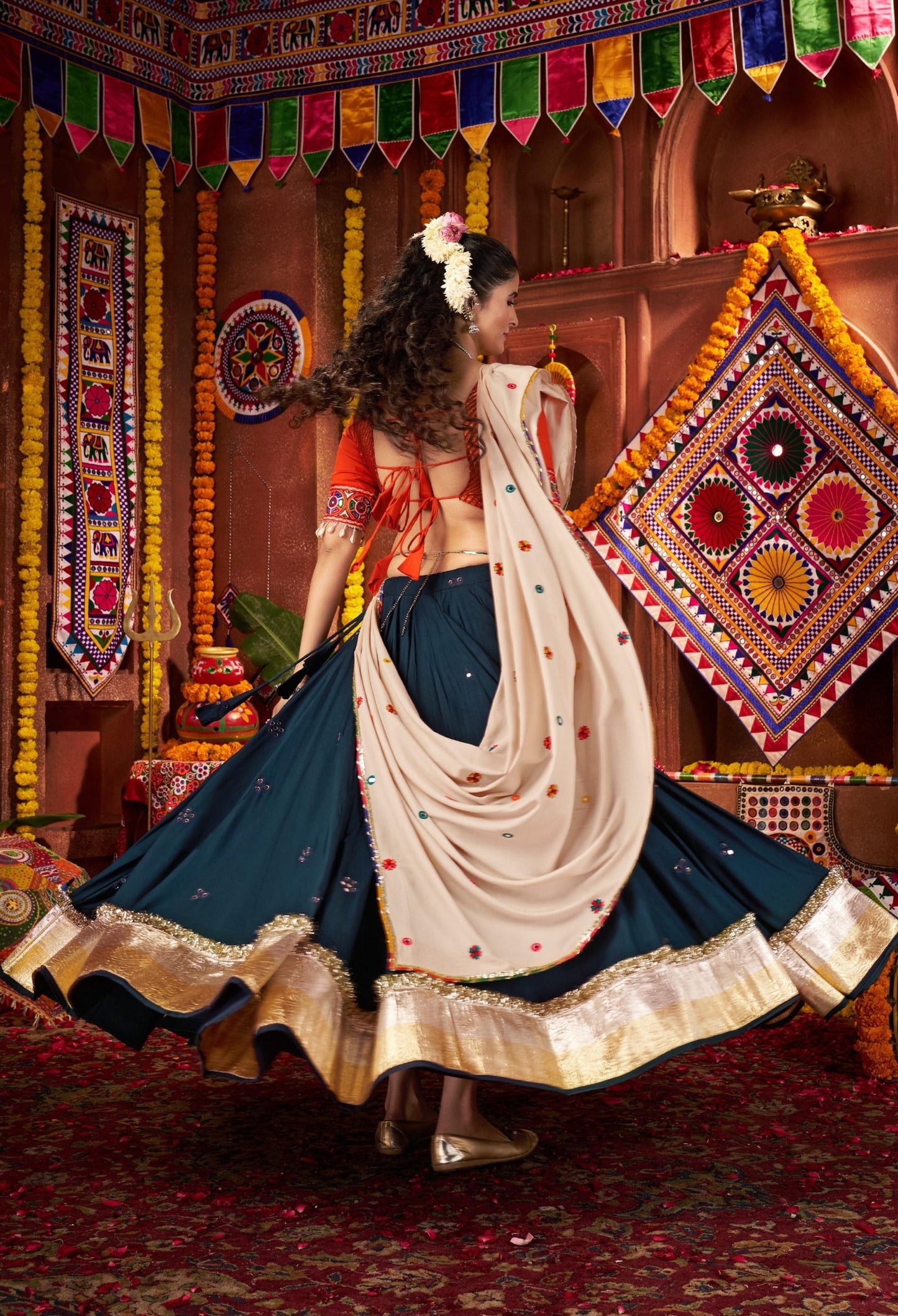 Teal Blue Viscose Cotton Print Jacquard Kutchi & Mirror Work Navratri Lehenga