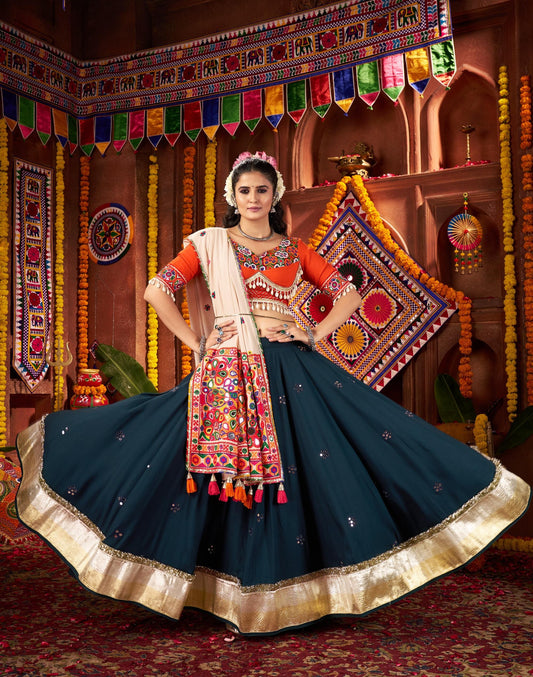 Teal Blue Viscose Cotton Print Jacquard Kutchi & Mirror Work Navratri Lehenga