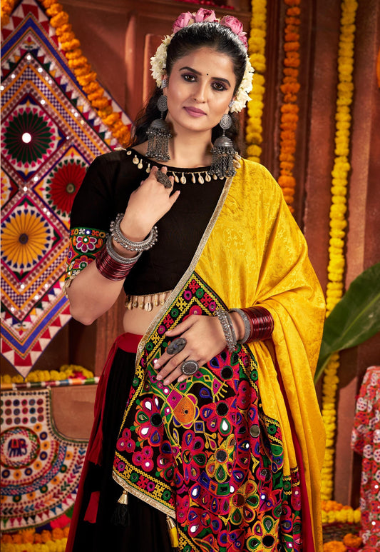 Multi Color Viscose Cotton Jacquard Kutchi & Mirror Work Navratri Lehenga