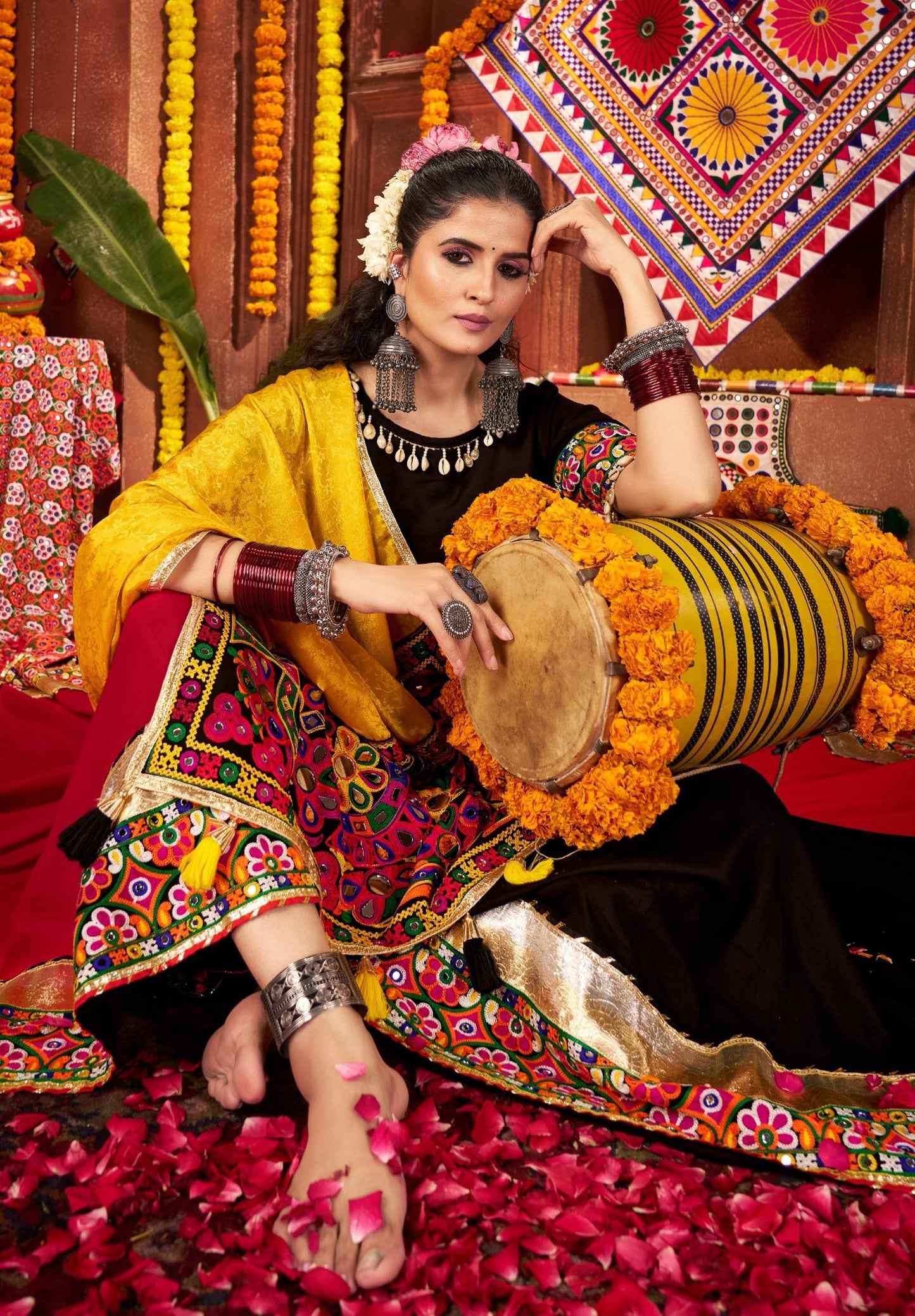 Multi Color Viscose Cotton Jacquard Kutchi & Mirror Work Navratri Lehenga