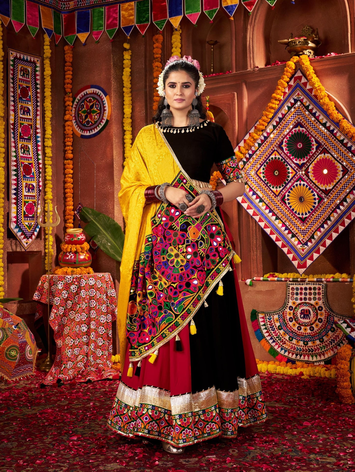 Multi Color Viscose Cotton Jacquard Kutchi & Mirror Work Navratri Lehenga