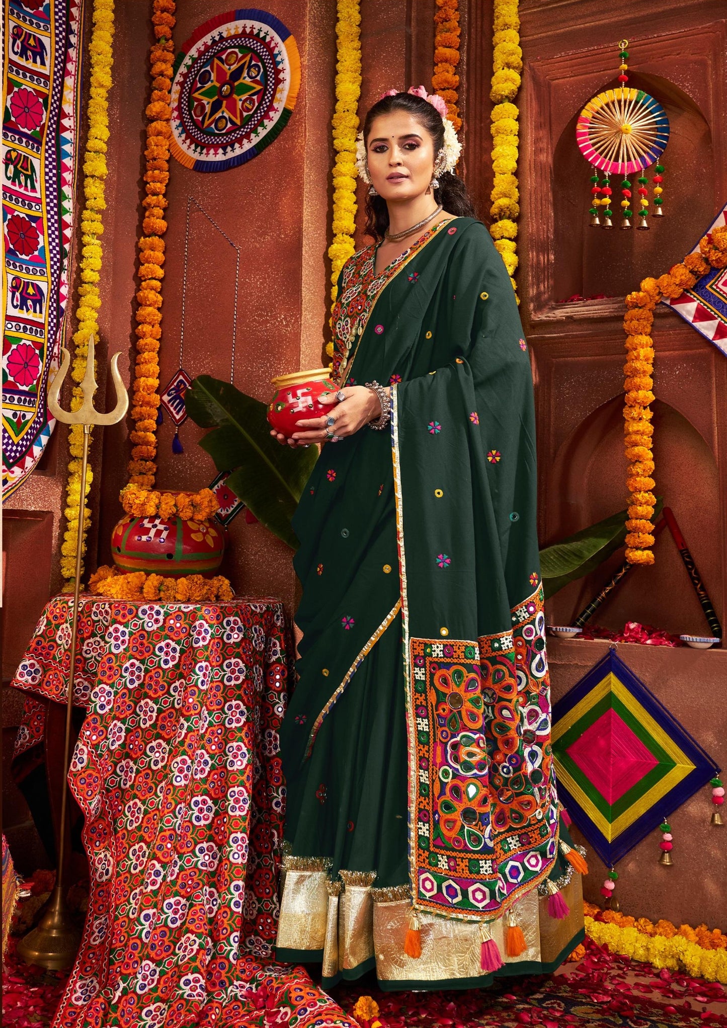 Green Viscose Cotton Print Jacquard Kutchi & Mirror Work Navratri Lehenga