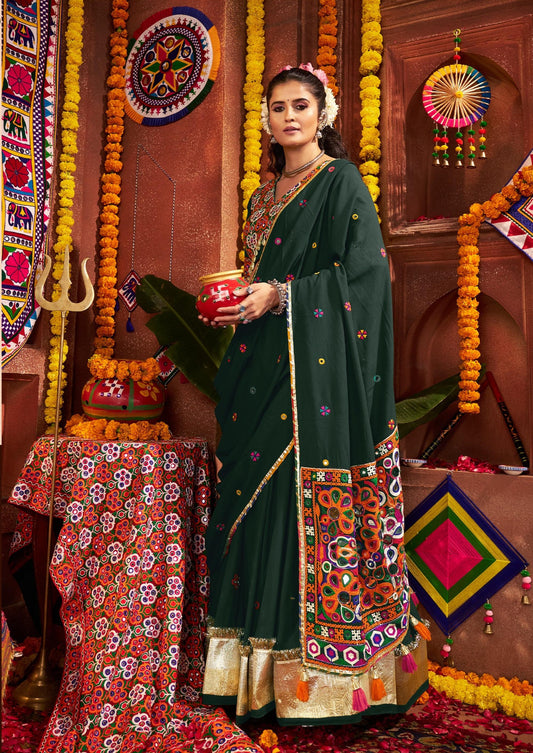 Green Viscose Cotton Print Jacquard Kutchi & Mirror Work Navratri Lehenga